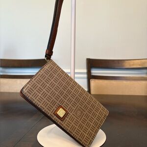 Anne Klein Textured Brown Monogram Wristlet with Gold Accent
